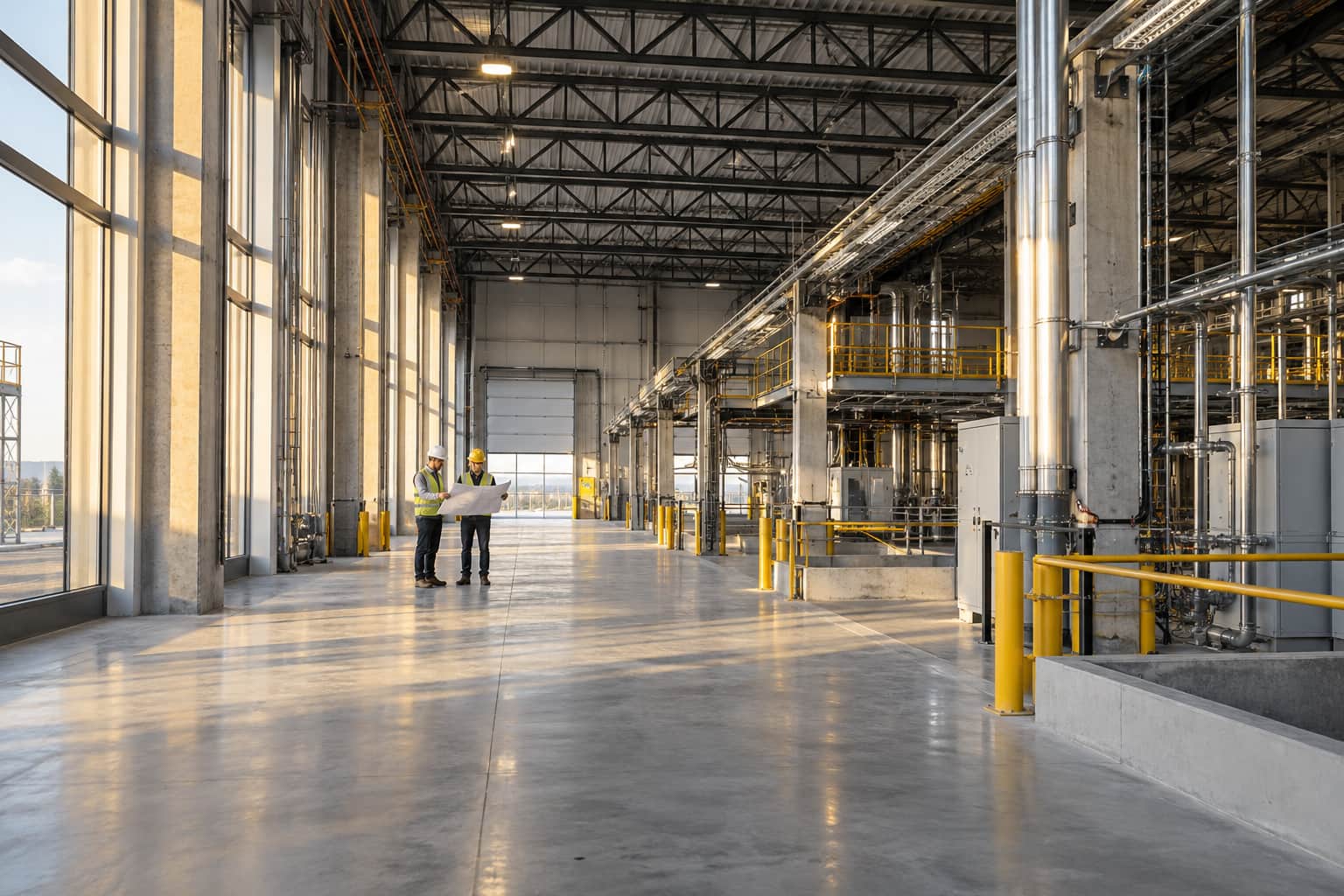 Illustration of engineers reviewing a completed industrial facility